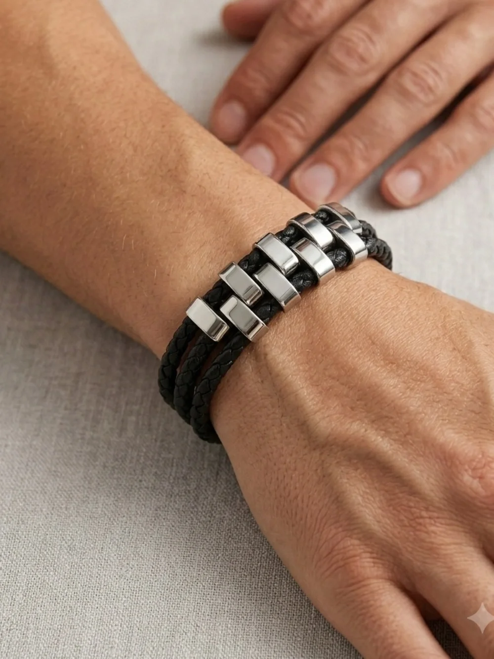 Men’s Braided Leather Bracelet | Triple Strand Stainless Steel Magnetic Clasp